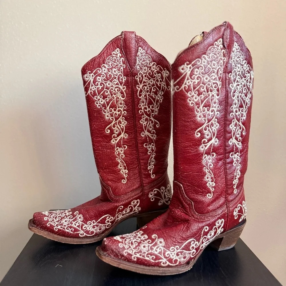 Corral Red Embroidered Western Boots Tall Leather Cowgirl Boots Size 7.5M NWOT - Picture 5 of 15